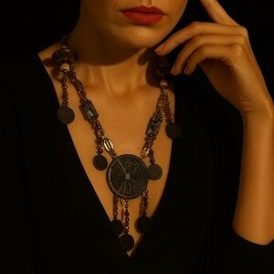 VINTAGE CHINESE FORTUNE COIN NECKLACE NATURAL STONES STATEMENT PIECE